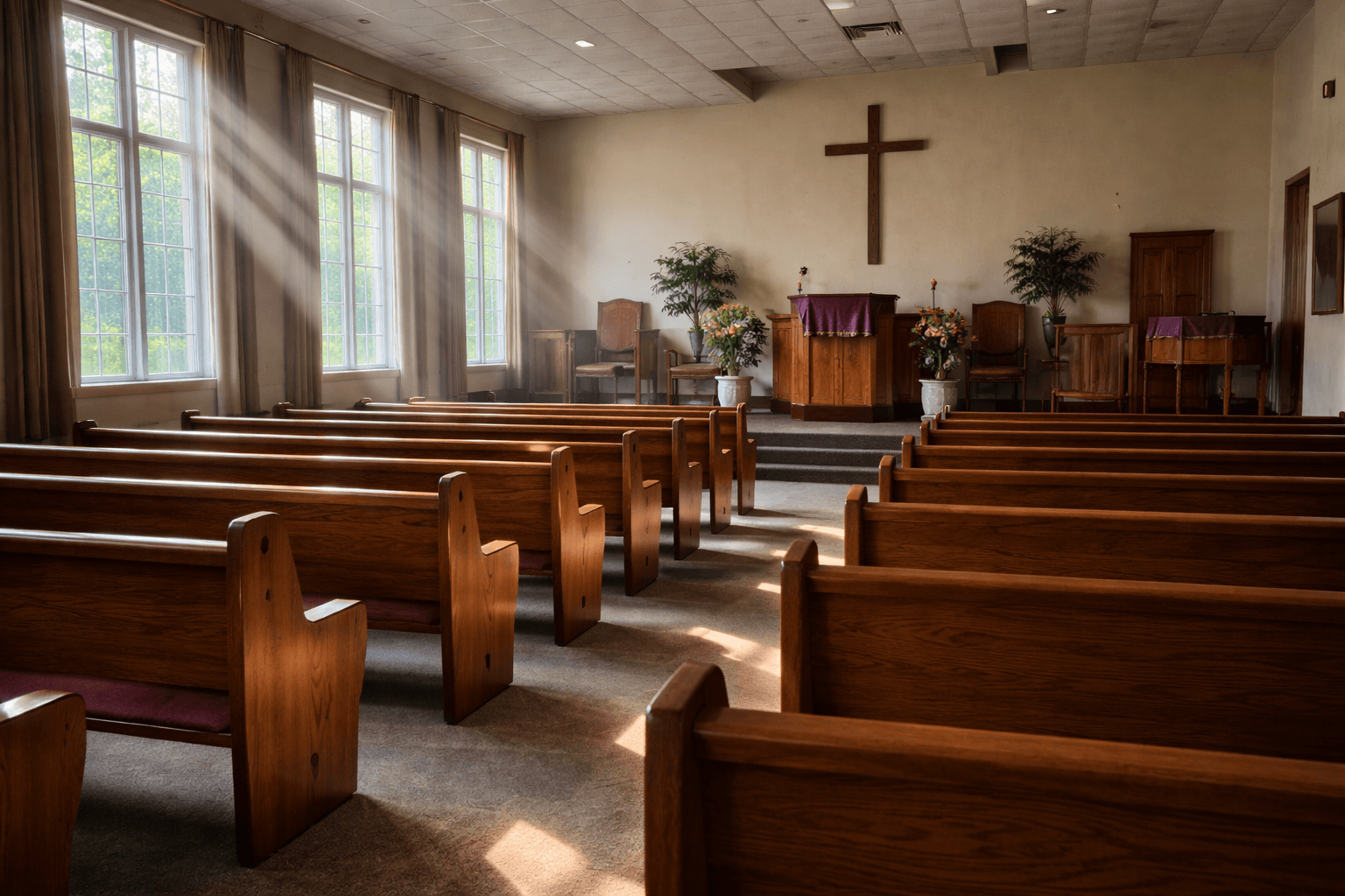 Empty church sanctuary pews with natural light streaming through windows